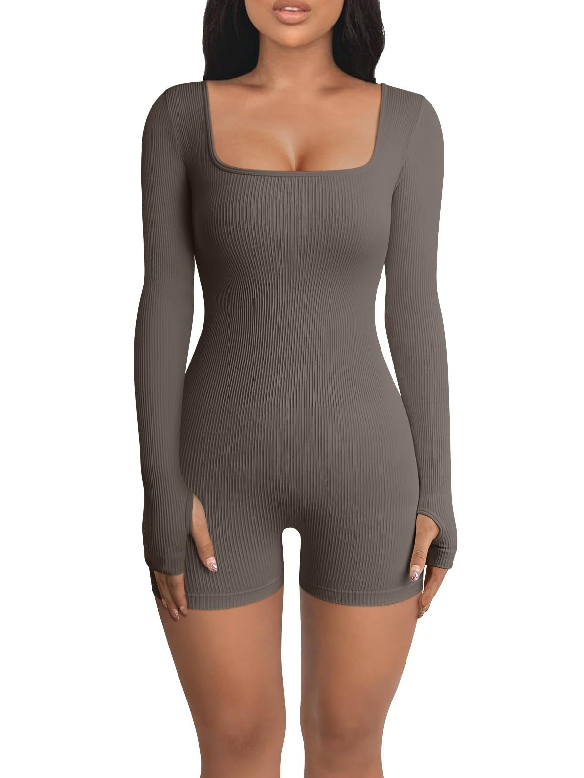 Women's Autumn/Winter New Ribbed Square Neck Thong Bodysuit – Slim Fit, Sexy & Shaping