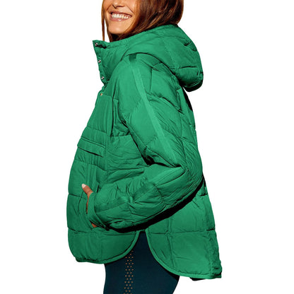 Autumn & Winter Solid Color Hooded Cotton Jacket – Foldable, Padded Pullover with Pockets for Women