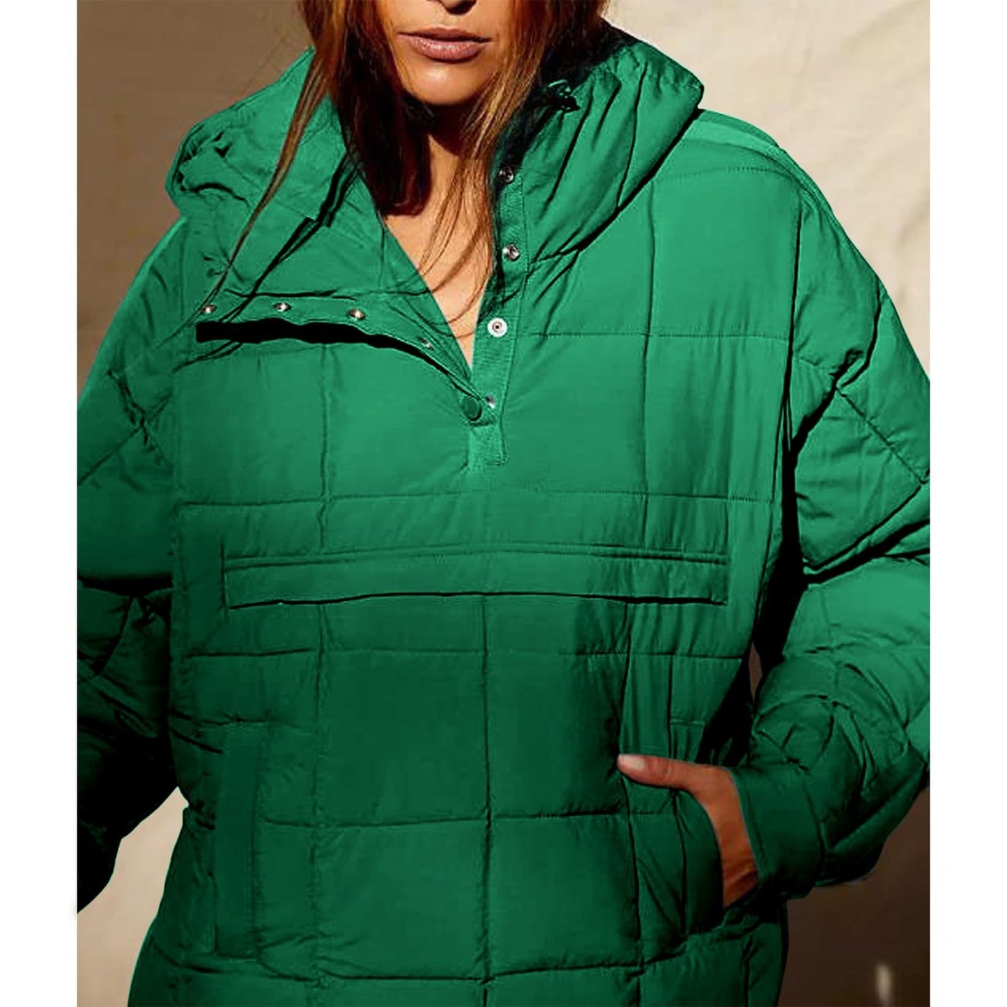 Autumn & Winter Solid Color Hooded Cotton Jacket – Foldable, Padded Pullover with Pockets for Women