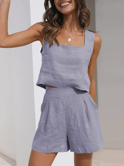 Women’s 2-Piece Casual Set – Linen Shorts and Sleeveless Tank Top