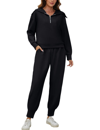 Half-Zip Long Sleeve Collared Sports Top and High-Waisted Athletic Pants Two-Piece Set