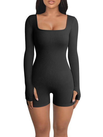 Women's Autumn/Winter New Ribbed Square Neck Thong Bodysuit – Slim Fit, Sexy & Shaping