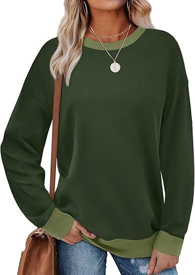 Women's Sporty Sweatshirt – Round Neck, Long Sleeve, Loose Fit, Color-Blocked with Ribbed Trim