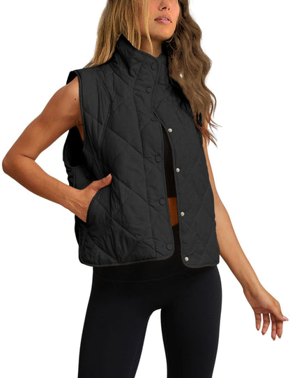 Women's Quilted Padded Vest – Lightweight Button-Up Stand Collar Gilet with Pockets