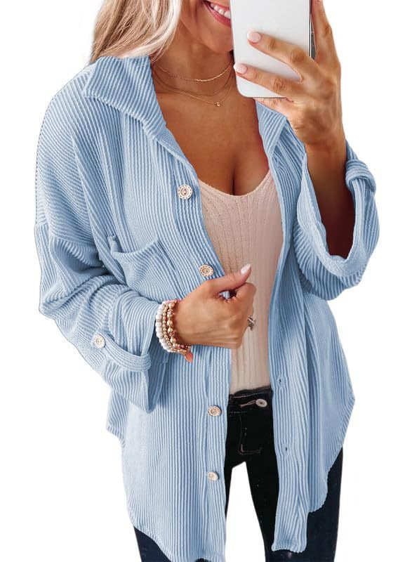 Women's Waffle Shirt - Solid Color Long Sleeve Button-Down Collar Jacket