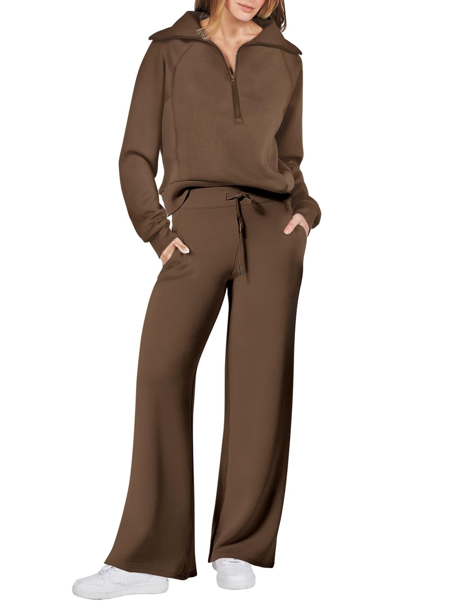 Autumn/Winter Casual Sports Set – Zip-Up Long Sleeve Sweatshirt and Wide-Leg Pants Two-Piece