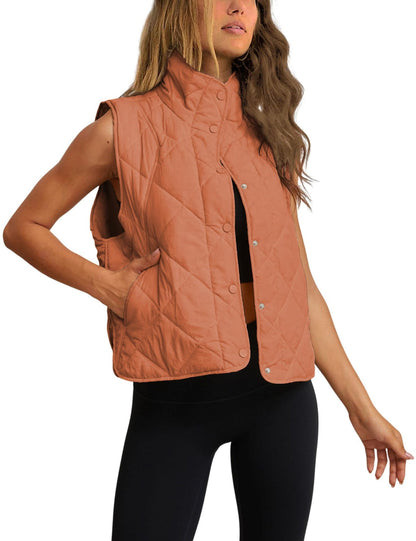 Women's Quilted Padded Vest – Lightweight Button-Up Stand Collar Gilet with Pockets