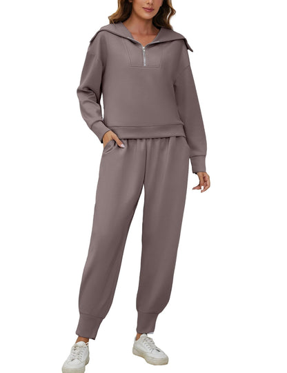 Half-Zip Long Sleeve Collared Sports Top and High-Waisted Athletic Pants Two-Piece Set