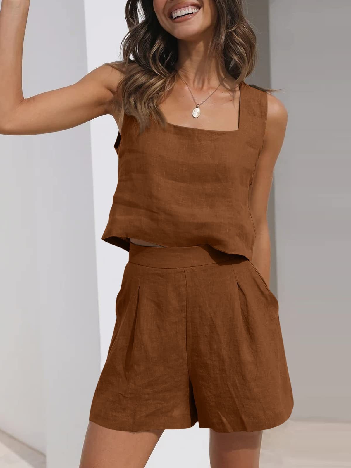 Women’s 2-Piece Casual Set – Linen Shorts and Sleeveless Tank Top