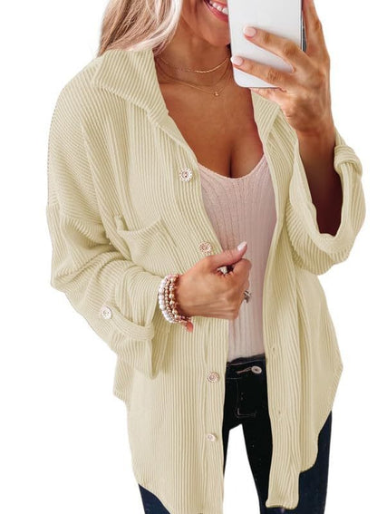 Women's Waffle Shirt - Solid Color Long Sleeve Button-Down Collar Jacket