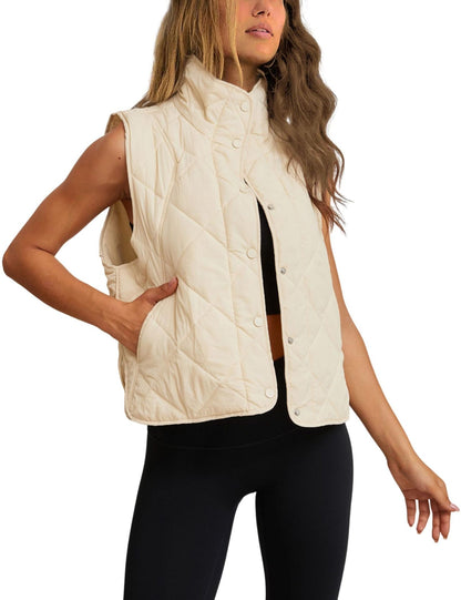 Women's Quilted Padded Vest – Lightweight Button-Up Stand Collar Gilet with Pockets