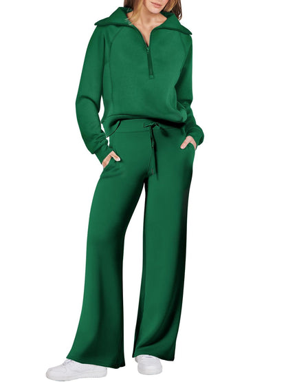 Autumn/Winter Casual Sports Set – Zip-Up Long Sleeve Sweatshirt and Wide-Leg Pants Two-Piece