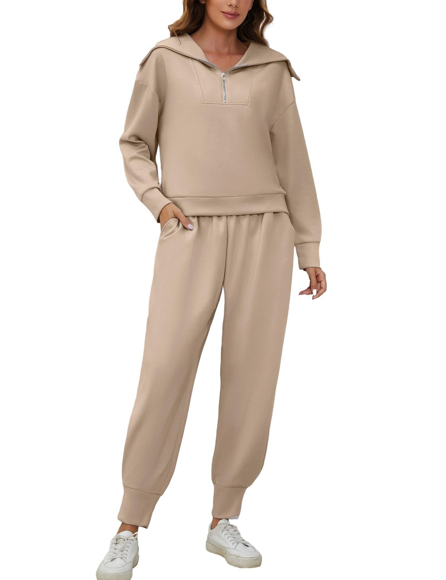 Half-Zip Long Sleeve Collared Sports Top and High-Waisted Athletic Pants Two-Piece Set