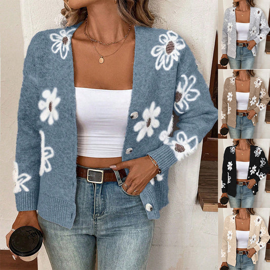 NZ-C00319003 Flower pattern button-up cardigan