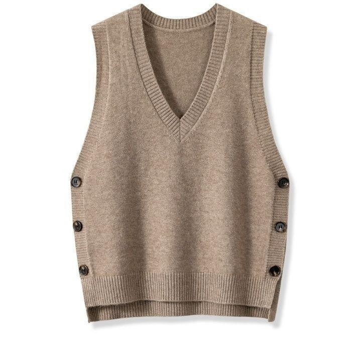 NZ-C00319002 2025 Retro V-neck knitted vest for women's spring and autumn with solid color casual sweater vest vest