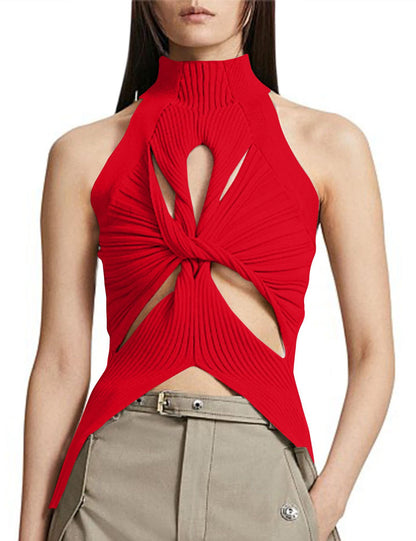 NZ-C00319006 2023 Sexy Irregular Sleeveless Hollow Kink Wool Vest Women's Fashion Semi-turtleneck Solid Color Exposed Navel