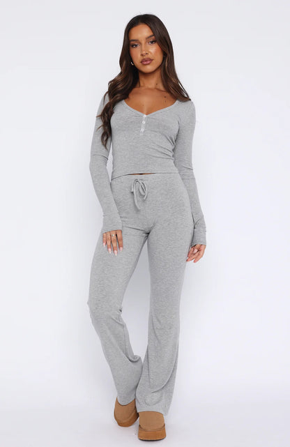 NZ-CO0304018 2025 Spring and Autumn New Set Long Sleeve Button Solid Color Tights Plus Pants Two-piece Set Women