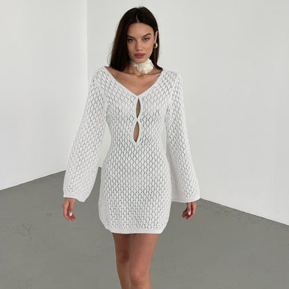 NZ-C00321003 2025 new beach skirt women's solid color sexy knitted hollow bikini swimsuit blouse sunscreen clothing