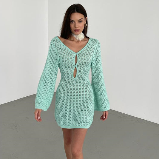 NZ-C00321003 2025 new beach skirt women's solid color sexy knitted hollow bikini swimsuit blouse sunscreen clothing