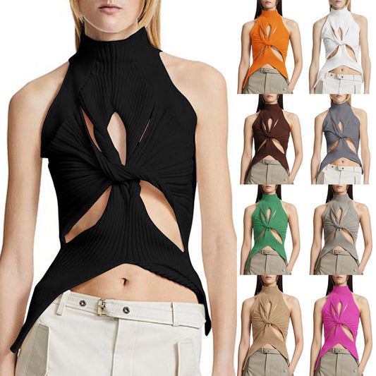 NZ-C00319006 2023 Sexy Irregular Sleeveless Hollow Kink Wool Vest Women's Fashion Semi-turtleneck Solid Color Exposed Navel
