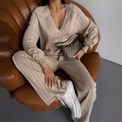 TZ-CO03017004 2025 New V-Neck Loose Striped Sweater Set Casual and Comfortable Knitting 2-piece Set