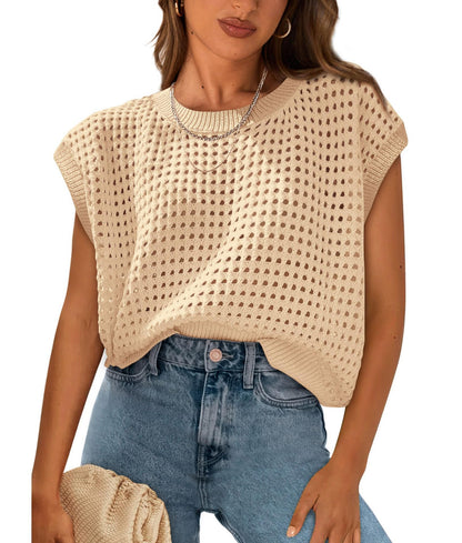 NZ-C00321002 2025 spring and summer new casual crew neck knitted top breathable beach blouse vacation beach