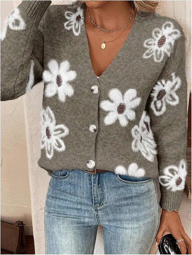 NZ-C00319003 Flower pattern button-up cardigan
