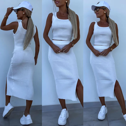 TZ-CO03017003 Women's clothing 2025 summer new vest short skirt set solid color slim top slit skirt women's two-piece set