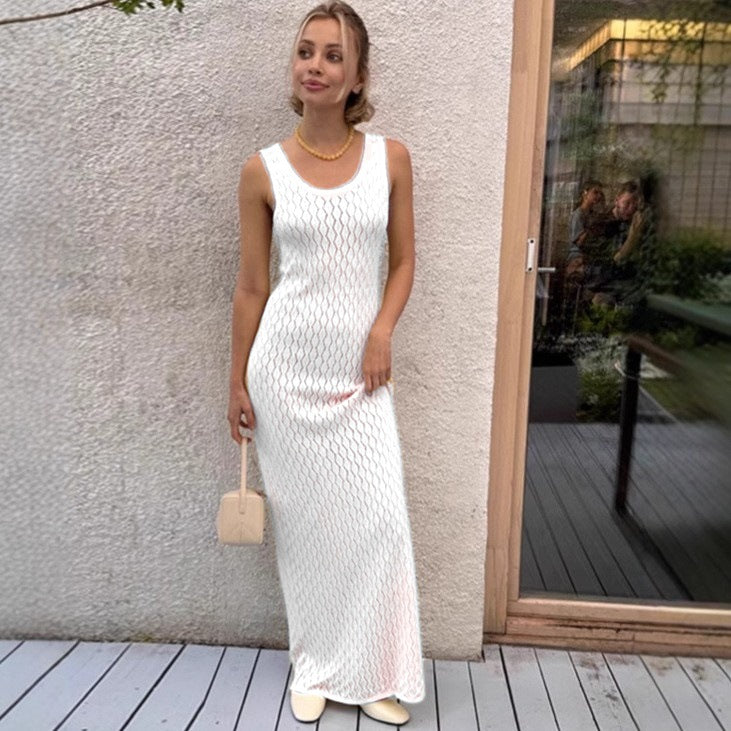 NZ-C00321004 Summer 2025 New Knitted Hollow Solid Color Dress Sexy Slim Suspender Long Dress