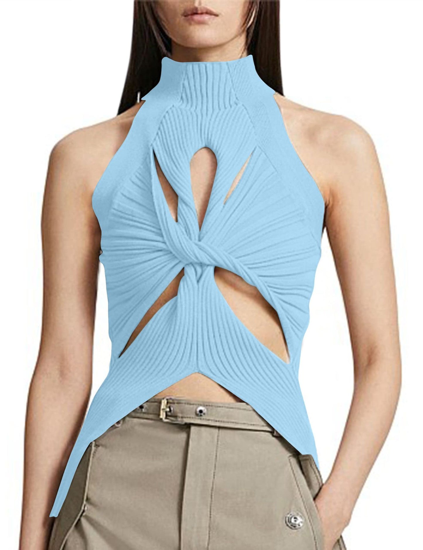NZ-C00319006 2023 Sexy Irregular Sleeveless Hollow Kink Wool Vest Women's Fashion Semi-turtleneck Solid Color Exposed Navel