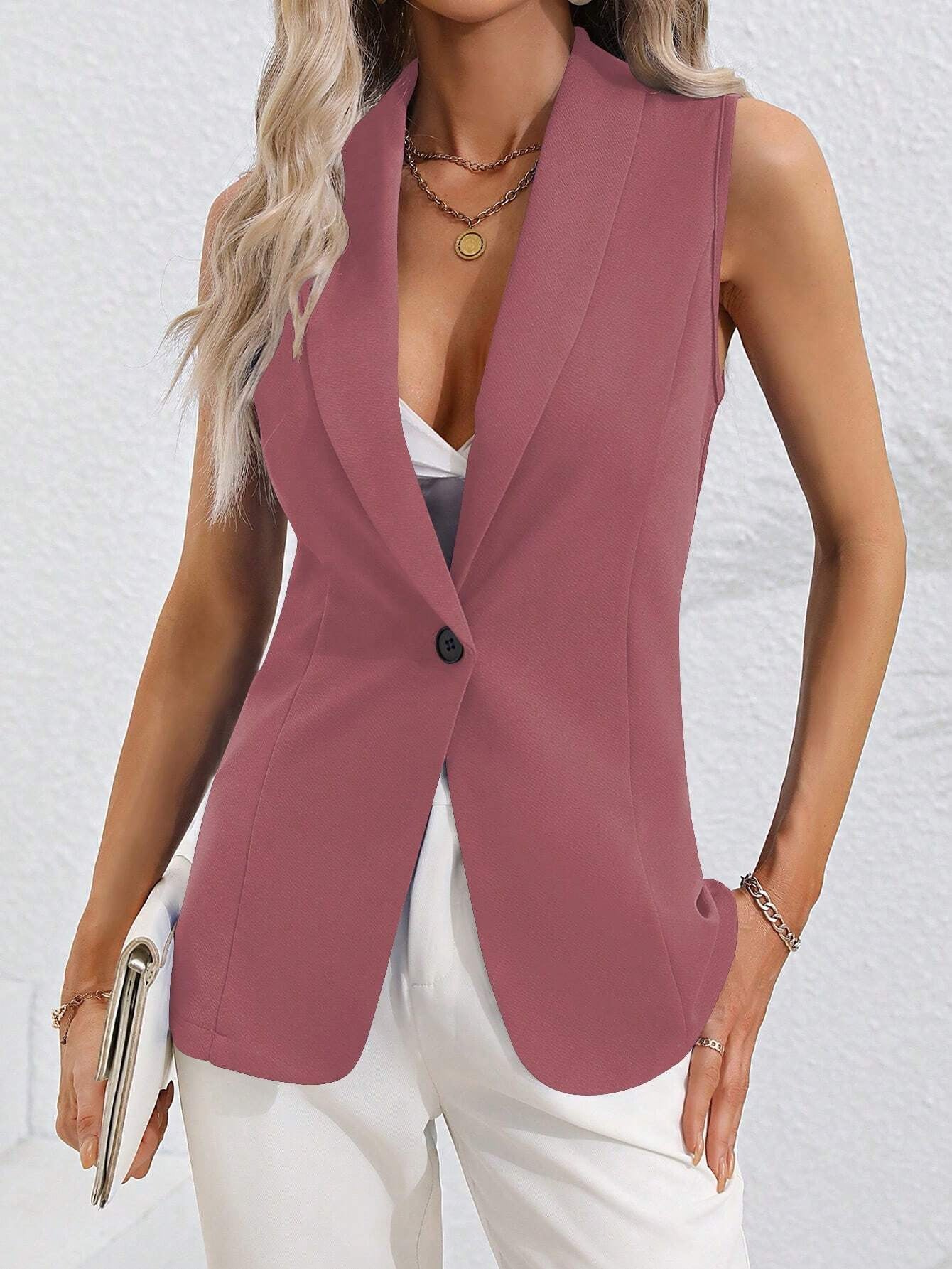 NZ-COA0304005 Spring and Autumn 2025 New Solid Color Cardigan Single Button Jacket Sleeveless Crew Neck Jacket Women