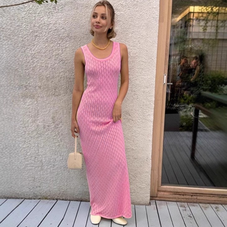 NZ-C00321004 Summer 2025 New Knitted Hollow Solid Color Dress Sexy Slim Suspender Long Dress