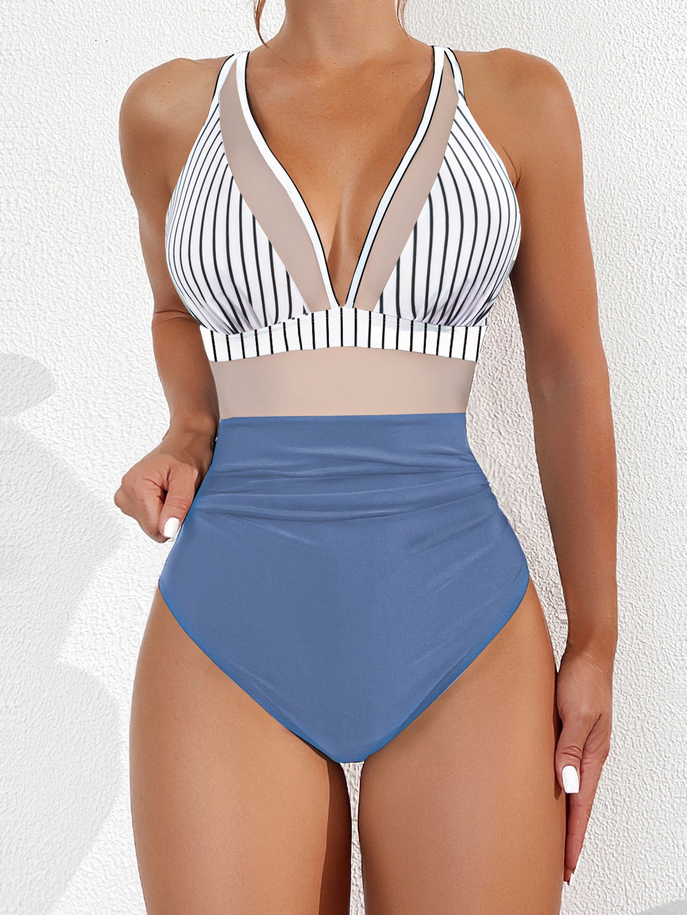 SW-BKI0303002 2025 new bikini solid color mesh halter sexy bikini one-piece swimsuit swimsuit