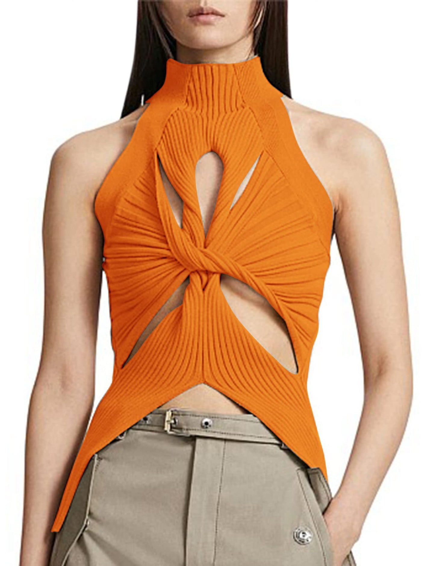 NZ-C00319006 2023 Sexy Irregular Sleeveless Hollow Kink Wool Vest Women's Fashion Semi-turtleneck Solid Color Exposed Navel