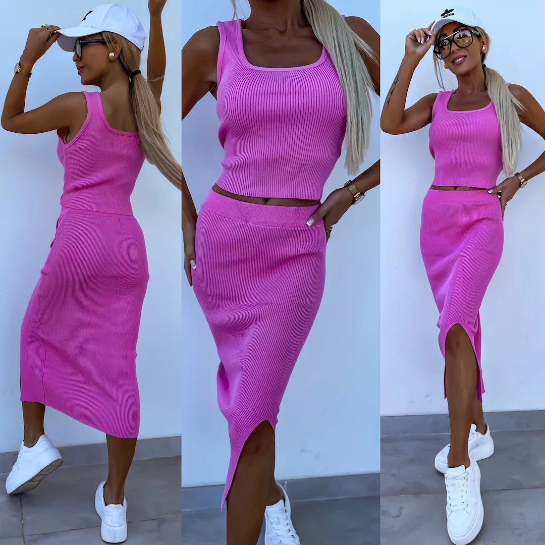 TZ-CO03017003 Women's clothing 2025 summer new vest short skirt set solid color slim top slit skirt women's two-piece set