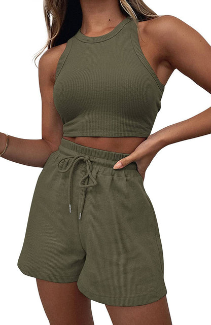 NZ-CO0304004 2025 summer new sleeveless waffle suit, solid color vest fashion casual short 2-piece set women