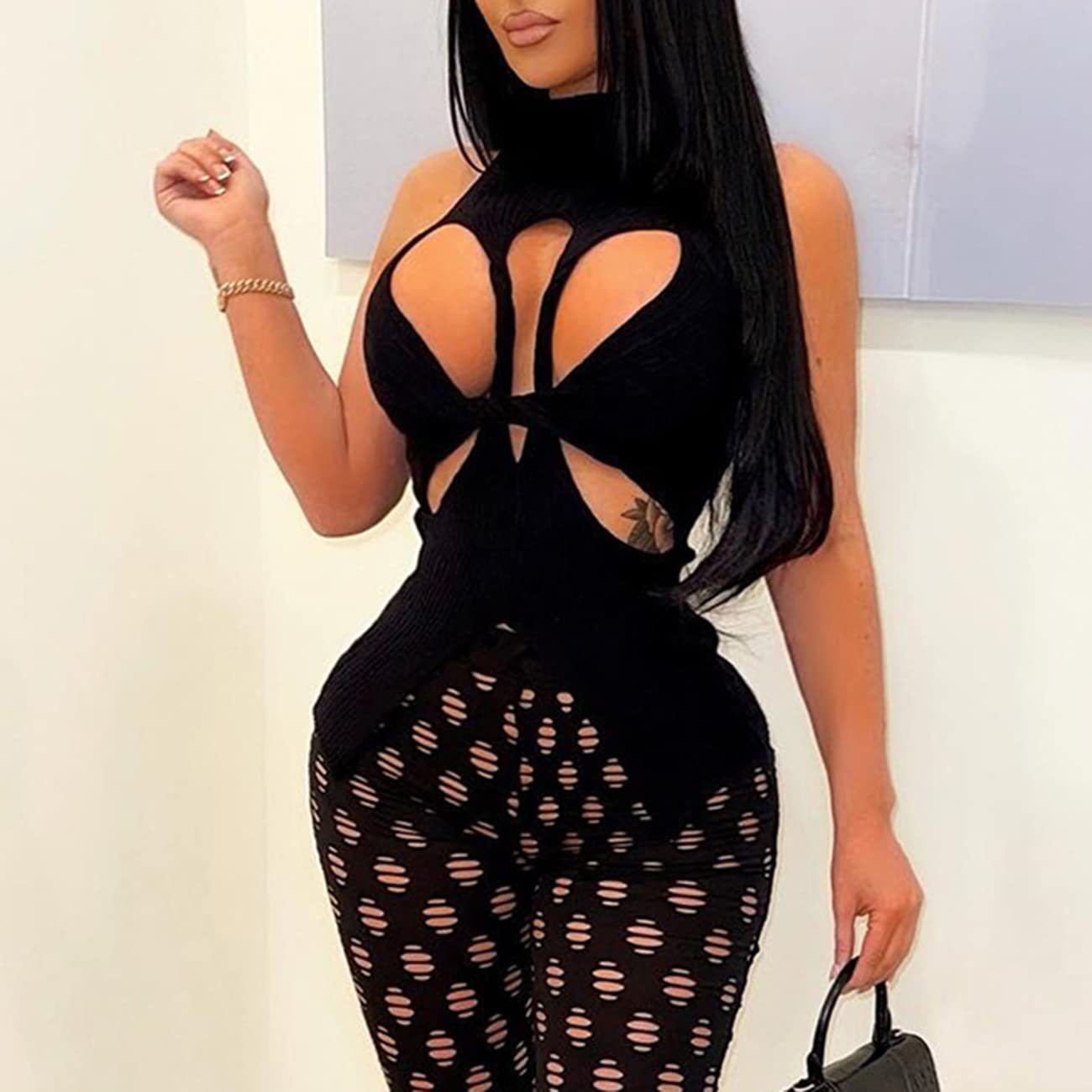 NZ-C00319006 2023 Sexy Irregular Sleeveless Hollow Kink Wool Vest Women's Fashion Semi-turtleneck Solid Color Exposed Navel