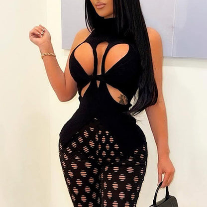 NZ-C00319006 2023 Sexy Irregular Sleeveless Hollow Kink Wool Vest Women's Fashion Semi-turtleneck Solid Color Exposed Navel