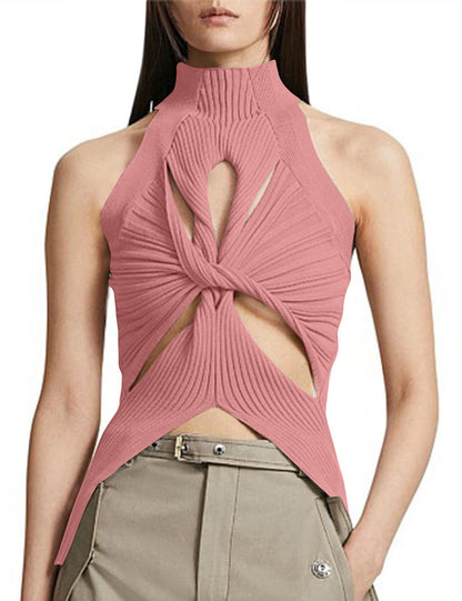NZ-C00319006 2023 Sexy Irregular Sleeveless Hollow Kink Wool Vest Women's Fashion Semi-turtleneck Solid Color Exposed Navel
