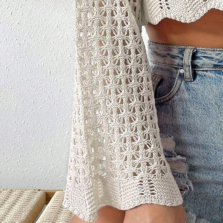 NZ-C00321009 2024 New foreign trade sunscreen hollow V-neck casual lace-up horn long-sleeved cardigan