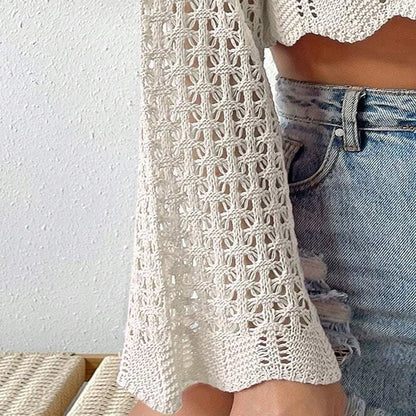 NZ-C00321009 2024 New foreign trade sunscreen hollow V-neck casual lace-up horn long-sleeved cardigan
