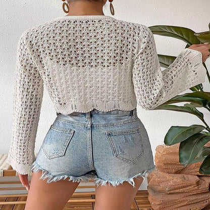 NZ-C00321009 2024 New foreign trade sunscreen hollow V-neck casual lace-up horn long-sleeved cardigan