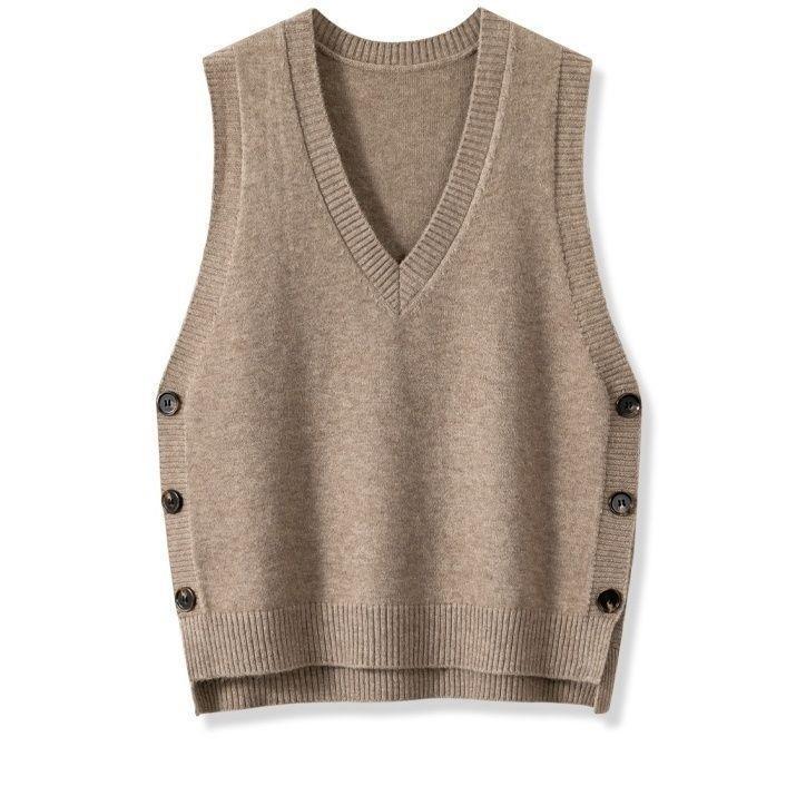 NZ-C00319002 2025 Retro V-neck knitted vest for women's spring and autumn with solid color casual sweater vest vest