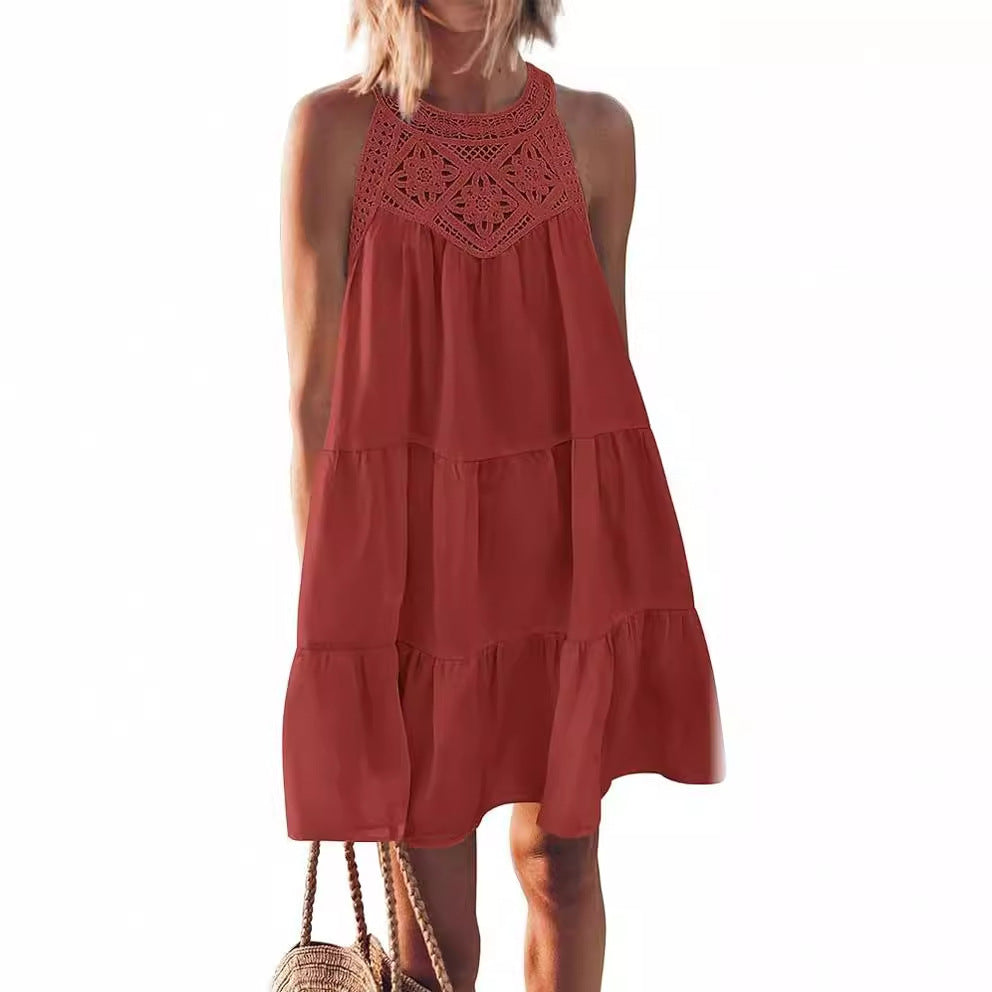 LYQ0052 2025 hollow lace splicing neck A word dress