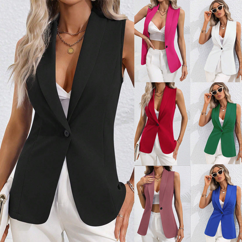 NZ-COA0304005 Spring and Autumn 2025 New Solid Color Cardigan Single Button Jacket Sleeveless Crew Neck Jacket Women