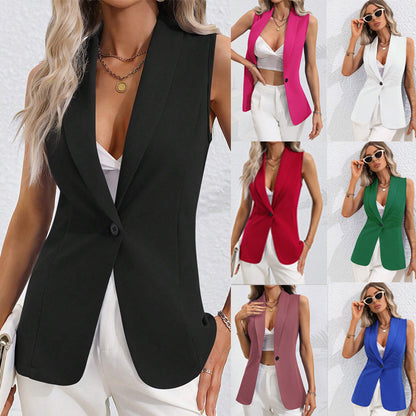 NZ-COA0304005 Spring and Autumn 2025 New Solid Color Cardigan Single Button Jacket Sleeveless Crew Neck Jacket Women