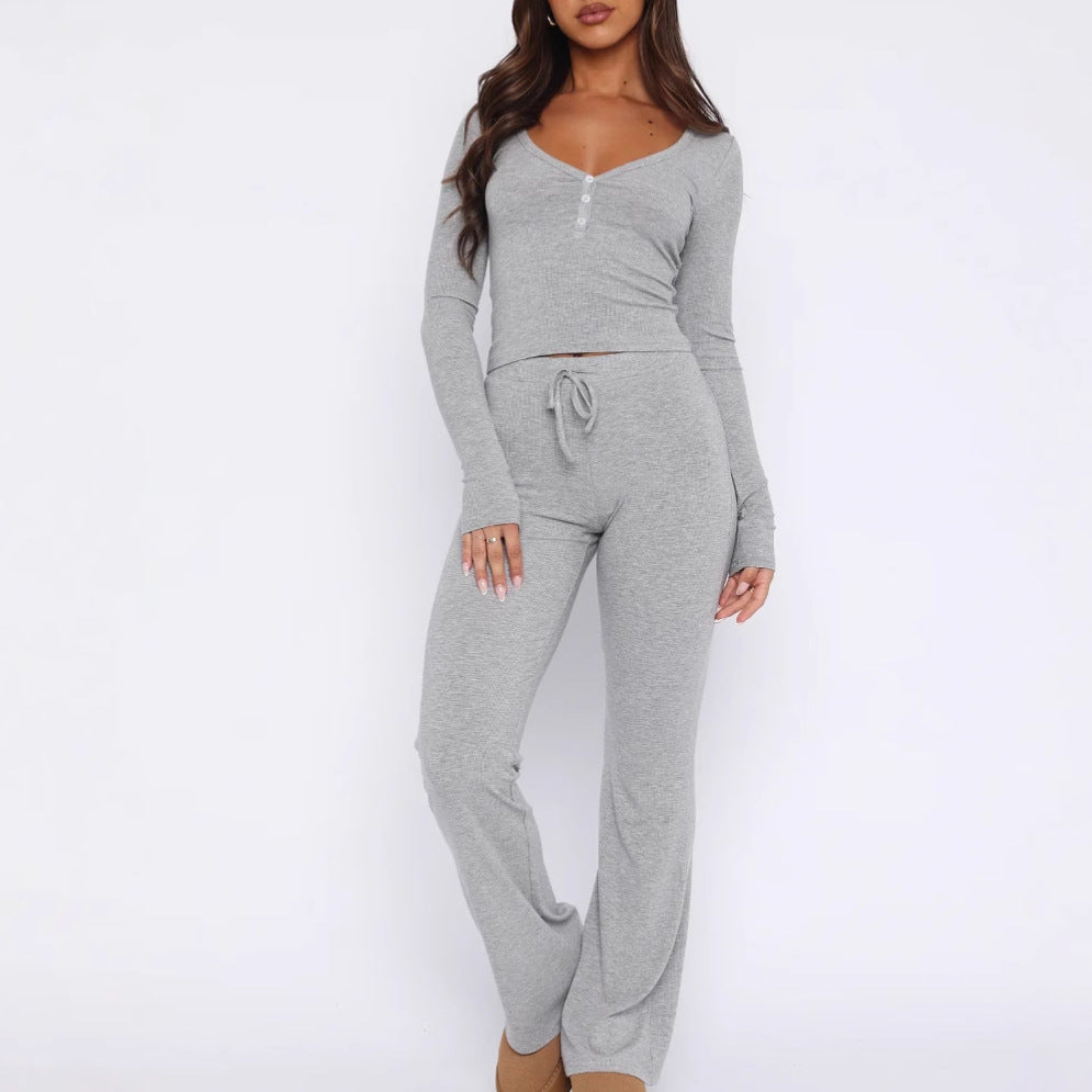NZ-CO0304018 2025 Spring and Autumn New Set Long Sleeve Button Solid Color Tights Plus Pants Two-piece Set Women
