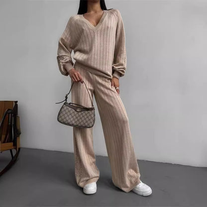 TZ-CO03017004 2025 New V-Neck Loose Striped Sweater Set Casual and Comfortable Knitting 2-piece Set