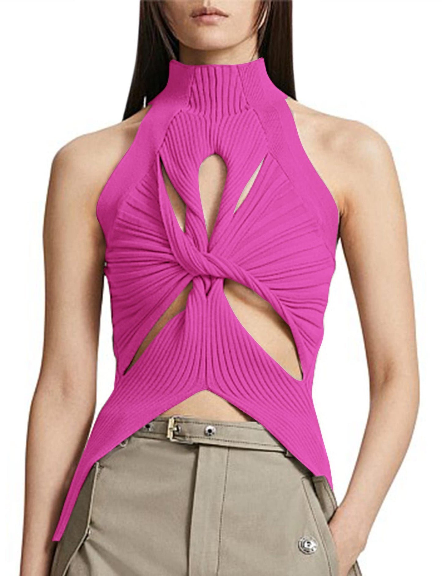NZ-C00319006 2023 Sexy Irregular Sleeveless Hollow Kink Wool Vest Women's Fashion Semi-turtleneck Solid Color Exposed Navel