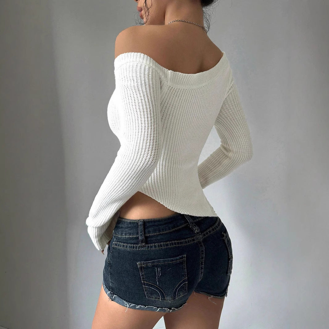 NZ-C00321008 2025 Solid color diagonal neck off-the-shoulder knitted sweater European and American threaded slim-fit design sweater European